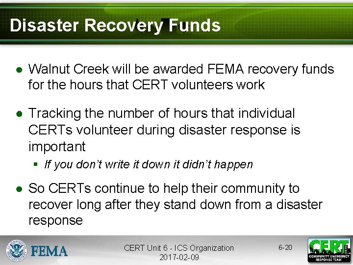 Disaster Recovery Funds ● Walnut Creek will be awarded FEMA recovery funds for the