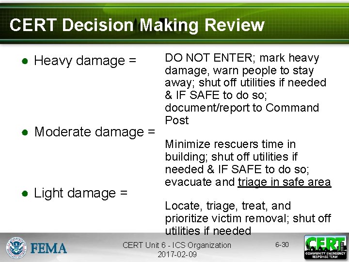 CERT Decision Making Review ● Heavy damage = ● Moderate damage = ● Light