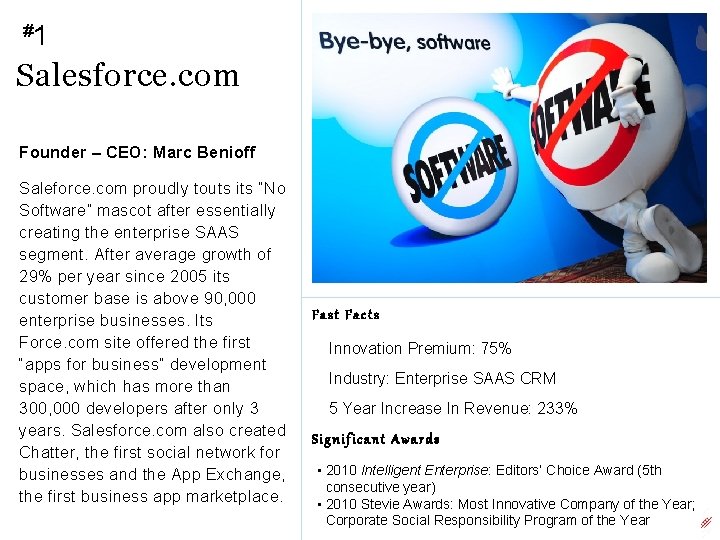 #1 Salesforce. com Founder – CEO: Marc Benioff Saleforce. com proudly touts its “No