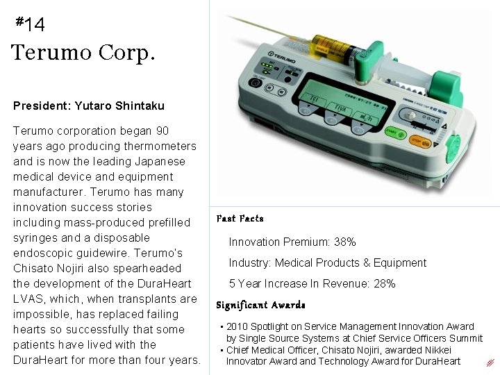 #14 Terumo Corp. President: Yutaro Shintaku Terumo corporation began 90 years ago producing thermometers