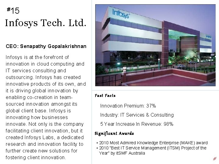 #15 Infosys Tech. Ltd. CEO: Senapathy Gopalakrishnan Infosys is at the forefront of innovation