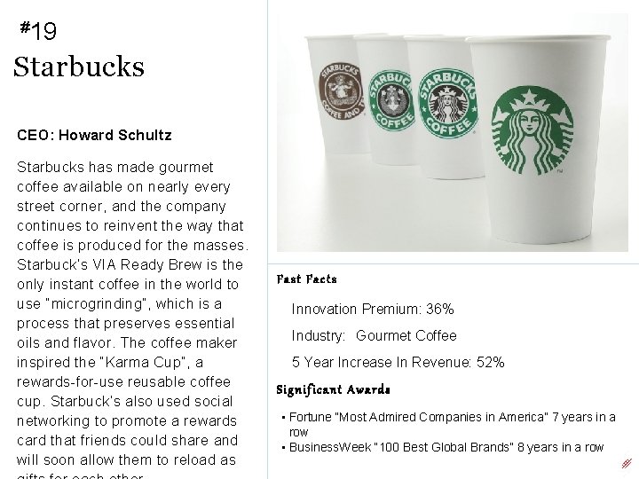 #19 Starbucks CEO: Howard Schultz Starbucks has made gourmet coffee available on nearly every