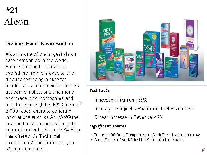 #21 Alcon Division Head: Kevin Buehler Alcon is one of the largest vision care