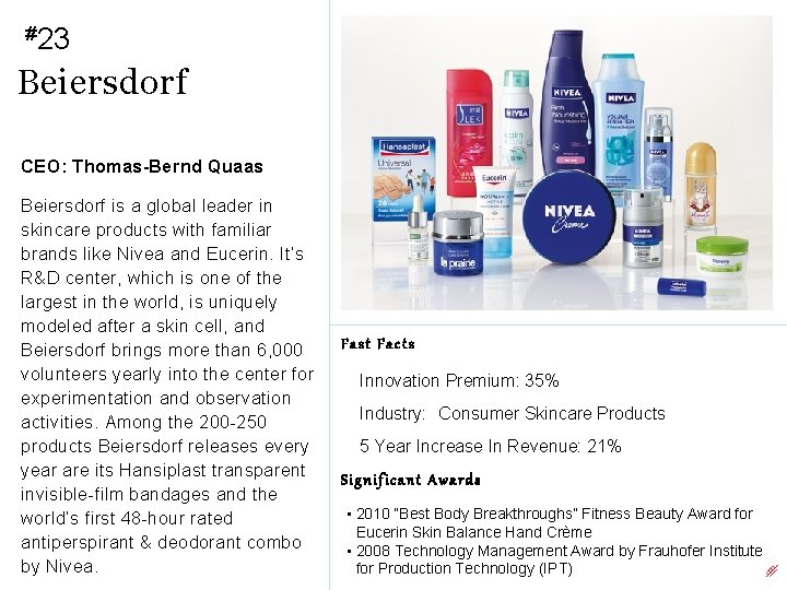 #23 Beiersdorf CEO: Thomas-Bernd Quaas Beiersdorf is a global leader in skincare products with