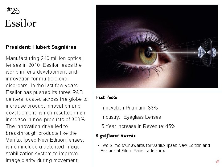 #25 Essilor President: Hubert Sagnières Manufacturing 240 million optical lenses in 2010, Essilor leads