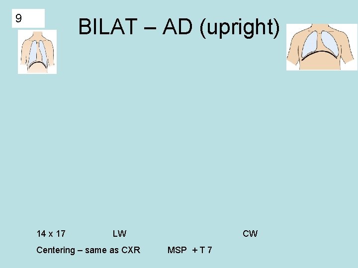 9 BILAT – AD (upright) 14 x 17 LW Centering – same as CXR