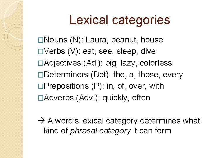 Lexical categories �Nouns (N): Laura, peanut, house �Verbs (V): eat, see, sleep, dive �Adjectives