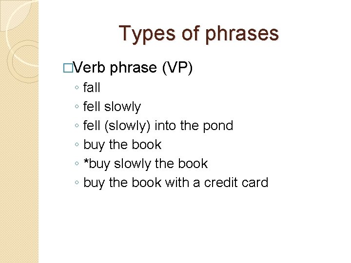 Types of phrases �Verb ◦ ◦ ◦ phrase (VP) fall fell slowly fell (slowly)