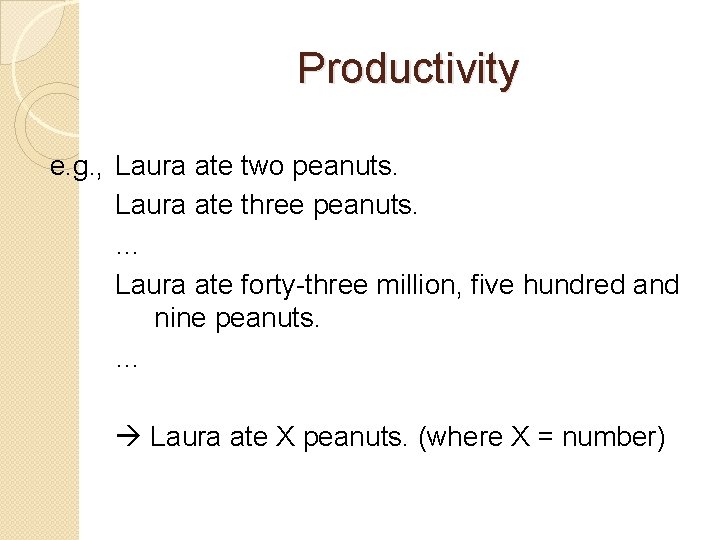 Productivity e. g. , Laura ate two peanuts. Laura ate three peanuts. … Laura