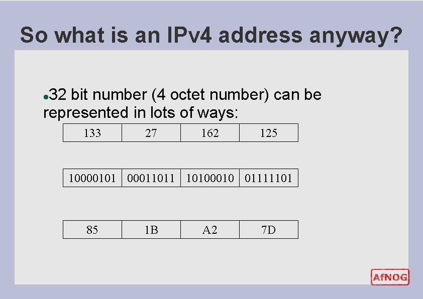 So what is an IPv 4 address anyway? 32 bit number (4 octet number) So what is an IPv 4 address anyway? 32 bit number (4 octet number)