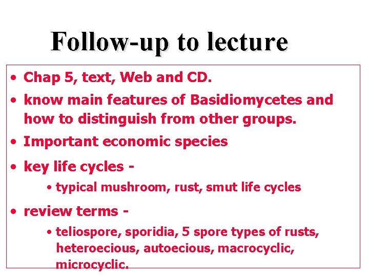 Follow-up to lecture • Chap 5, text, Web and CD. • know main features
