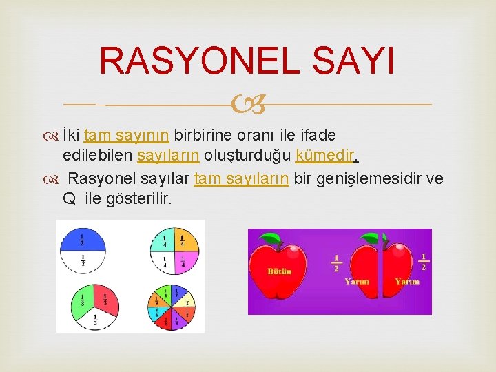 RASYONEL SAYI İki tam sayının birbirine oranı ile ifade edilebilen sayıların oluşturduğu kümedir. Rasyonel