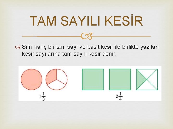 TAM SAYILI KESİR Sıfır hariç bir tam sayı ve basit kesir ile birlikte yazılan