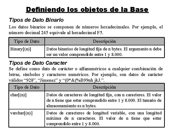 Definiendo los objetos de la Base Tipos de Dato Binario Los datos binarios se