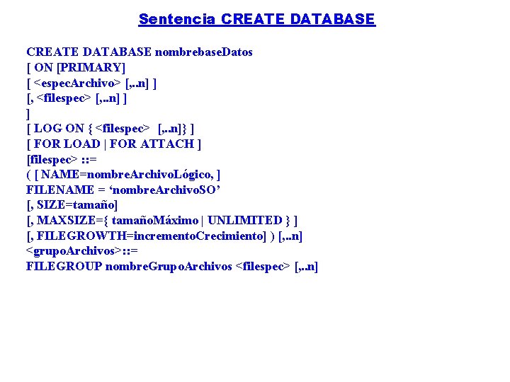 Sentencia CREATE DATABASE nombrebase. Datos [ ON [PRIMARY] [ <espec. Archivo> [, . .