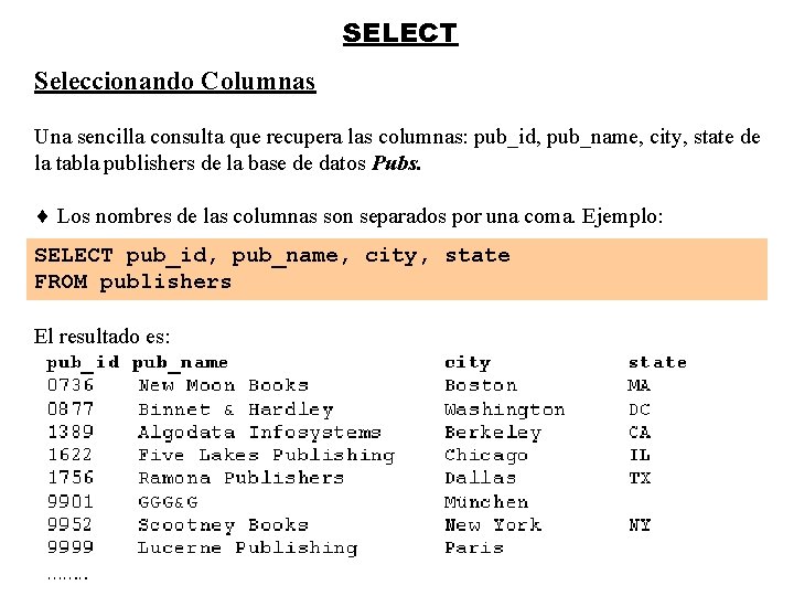 SELECT Seleccionando Columnas Una sencilla consulta que recupera las columnas: pub_id, pub_name, city, state