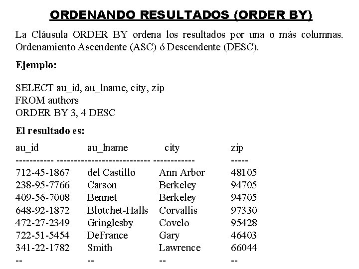 ORDENANDO RESULTADOS (ORDER BY) La Cláusula ORDER BY ordena los resultados por una o