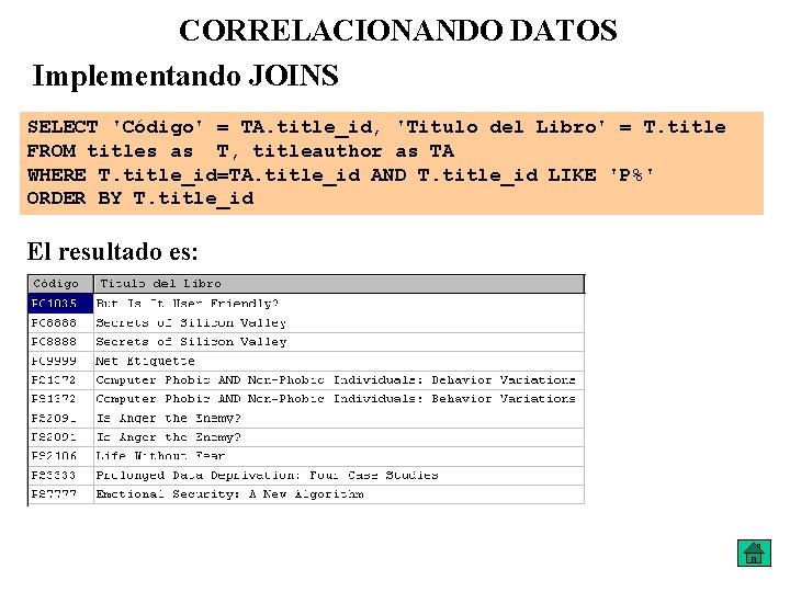 CORRELACIONANDO DATOS Implementando JOINS SELECT 'Código' = TA. title_id, 'Titulo del Libro' = T.