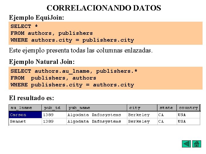 CORRELACIONANDO DATOS Ejemplo Equi. Join: SELECT * FROM authors, publishers WHERE authors. city =