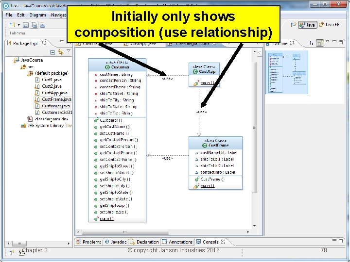 Initially only shows composition (use relationship) Chapter 3 © copyright Janson Industries 2016 78