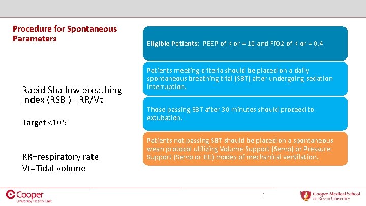 Procedure for Spontaneous Parameters Rapid Shallow breathing Index (RSBI)= RR/Vt Target <105 RR=respiratory rate