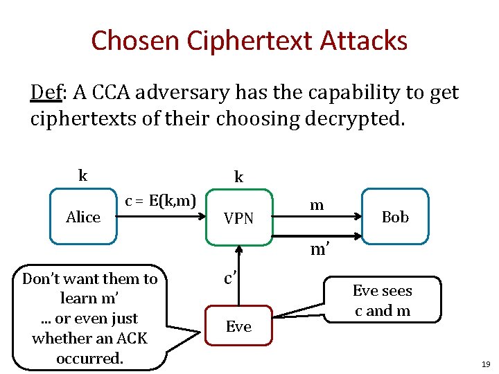 Chosen Ciphertext Attacks Def: A CCA adversary has the capability to get ciphertexts of