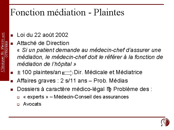 Fonction médiation - Plaintes n n n Loi du 22 août 2002 Attaché de