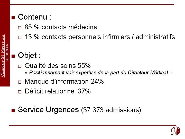 n Contenu : q q n 85 % contacts médecins 13 % contacts personnels