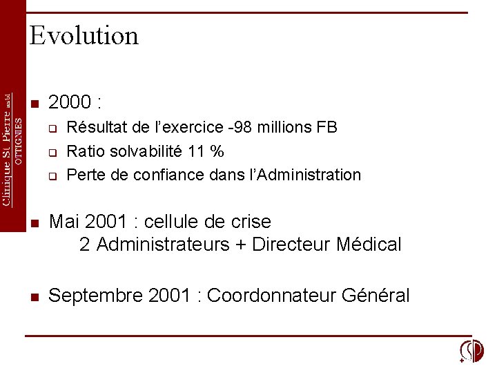 Evolution n 2000 : q q q Résultat de l’exercice -98 millions FB Ratio