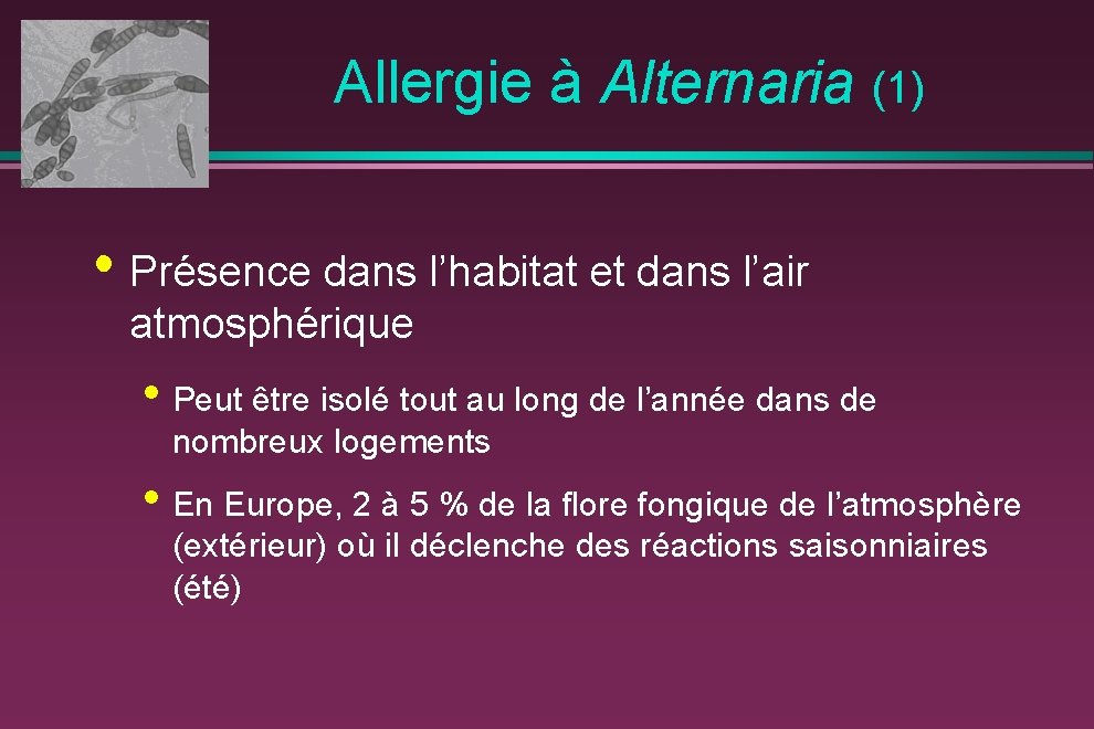  Allergie à Alternaria (1) • Présence dans l’habitat et dans l’air atmosphérique •