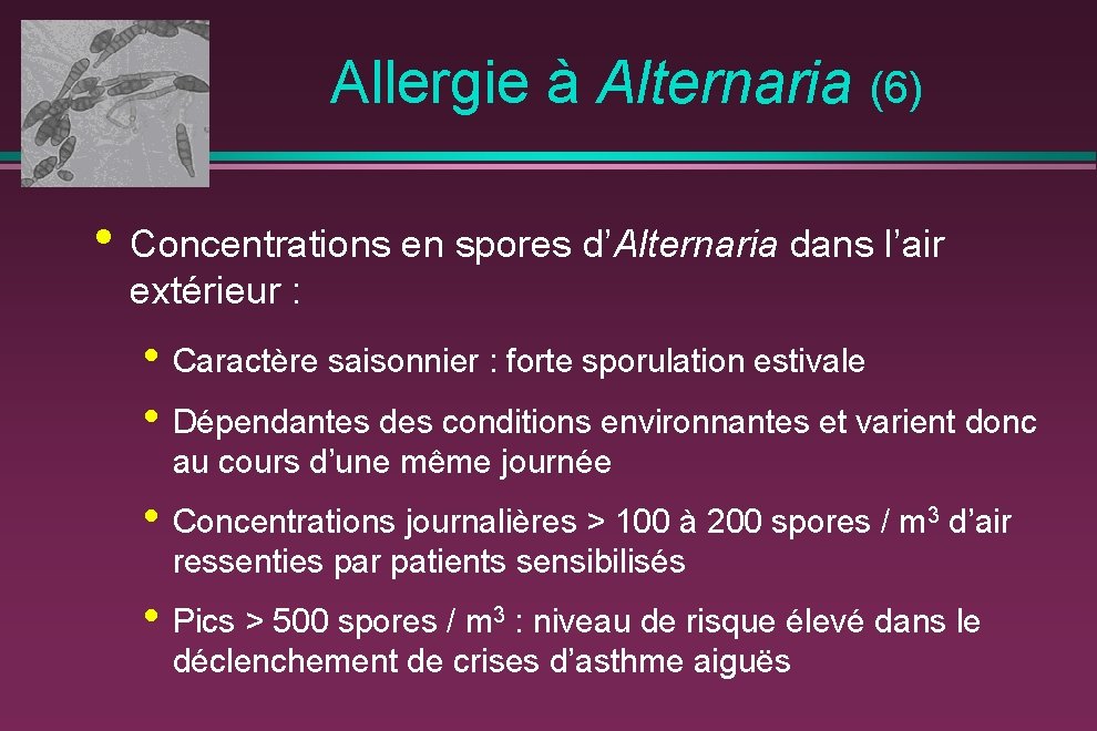  Allergie à Alternaria (6) • Concentrations en spores d’Alternaria dans l’air extérieur :