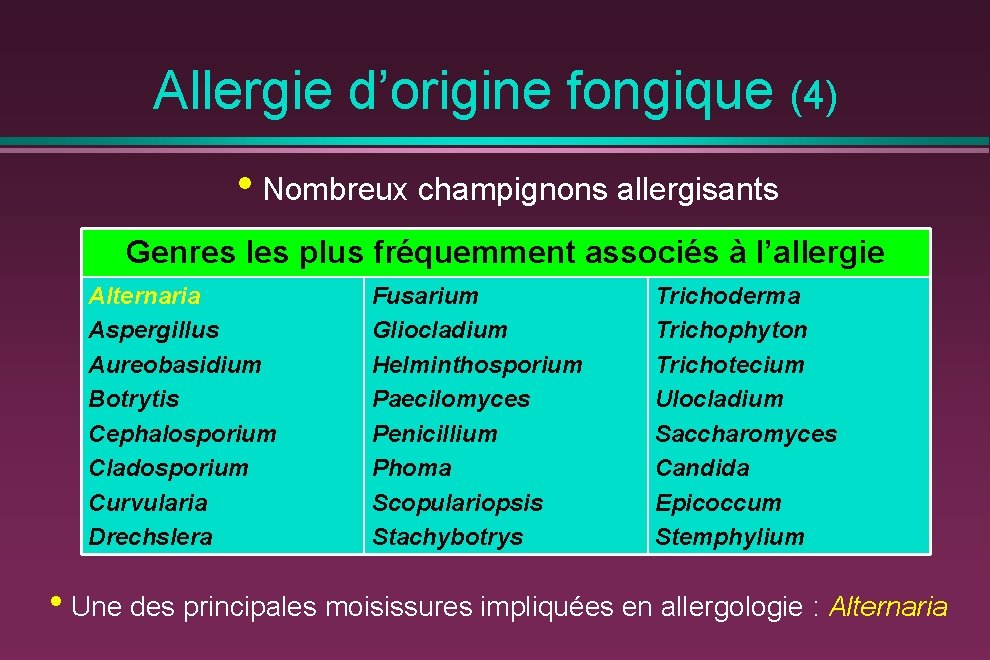 Allergie d’origine fongique (4) • Nombreux champignons allergisants Genres les plus fréquemment associés à