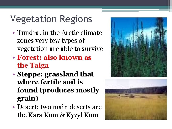 Vegetation Regions • Tundra: in the Arctic climate zones very few types of vegetation