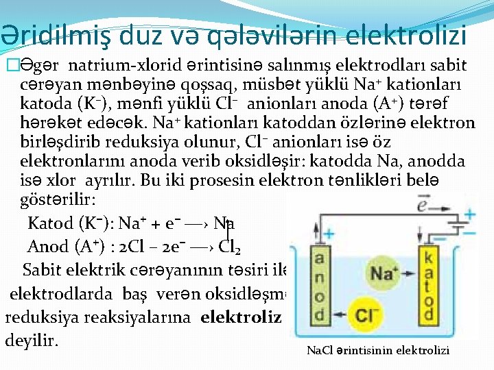 Əridilmiş duz və qələvilərin elektrolizi �Əgər natrium-xlorid ərintisinə salınmış elektrodları sabit cərəyan mənbəyinə qoşsaq,