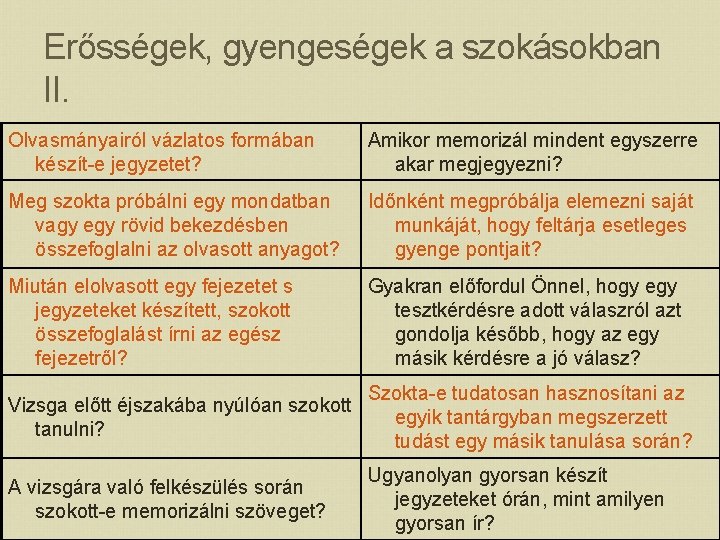 Erősségek, gyengeségek a szokásokban II. Olvasmányairól vázlatos formában készít-e jegyzetet? Amikor memorizál mindent egyszerre