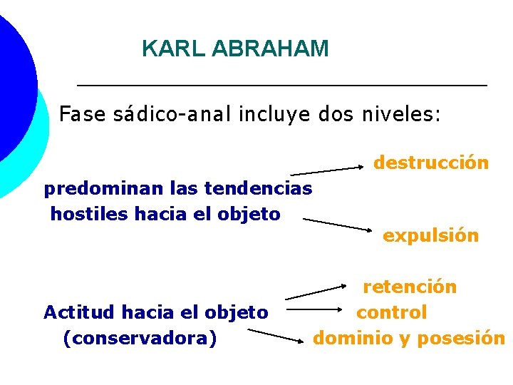 KARL ABRAHAM Fase sádico-anal incluye dos niveles: destrucción predominan las tendencias hostiles hacia el