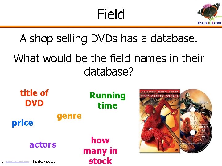 Field A shop selling DVDs has a database. What would be the field names