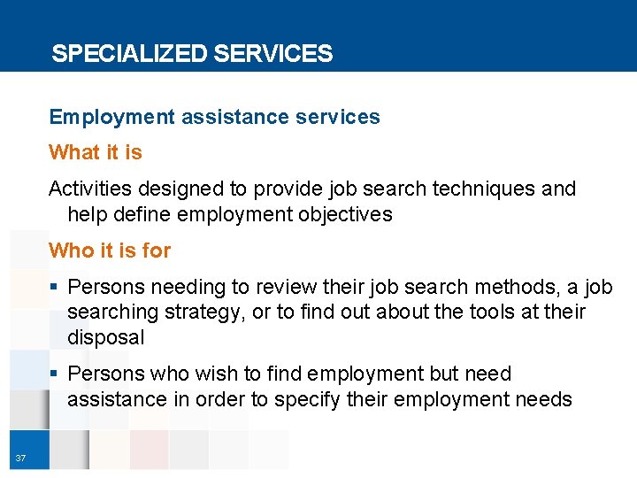 SPECIALIZED SERVICES Employment assistance services What it is Activities designed to provide job search