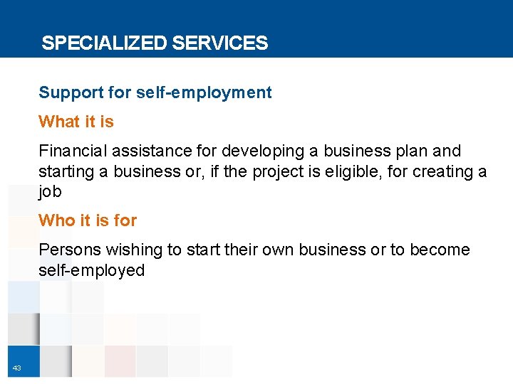SPECIALIZED SERVICES Support for self-employment What it is Financial assistance for developing a business