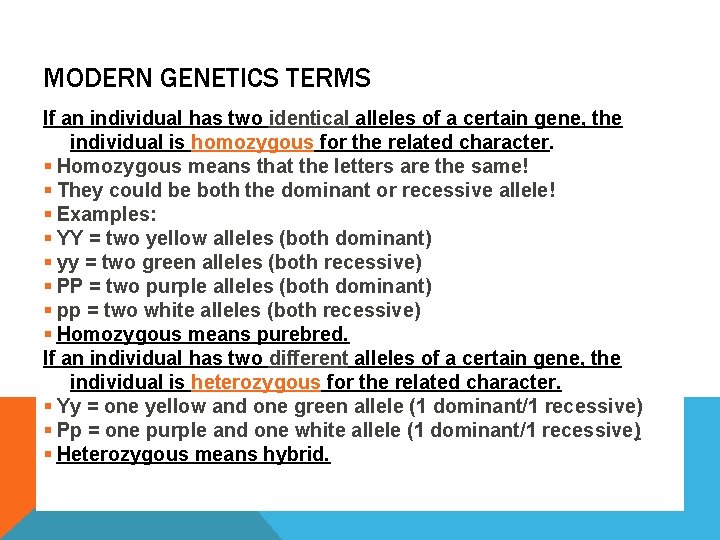 MODERN GENETICS TERMS If an individual has two identical alleles of a certain gene,