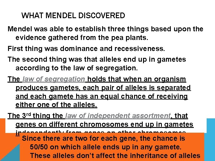 WHAT MENDEL DISCOVERED Mendel was able to establish three things based upon the evidence
