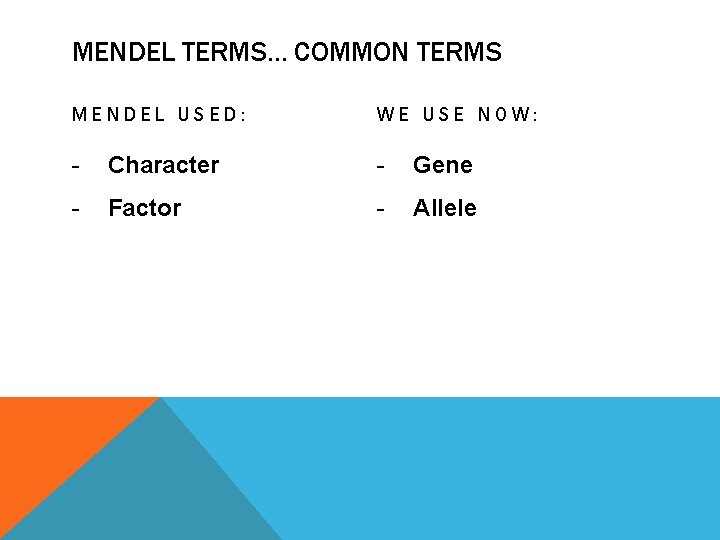 MENDEL TERMS… COMMON TERMS MENDEL USED: WE USE NOW: - Character - Gene -