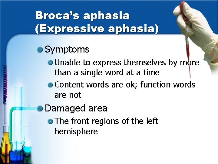 Broca’s aphasia (Expressive aphasia) Symptoms Unable to express themselves by more than a single