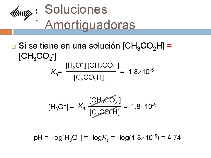 Soluciones Amortiguadoras 16 Si se tiene en una solución [CH 3 CO 2 H]