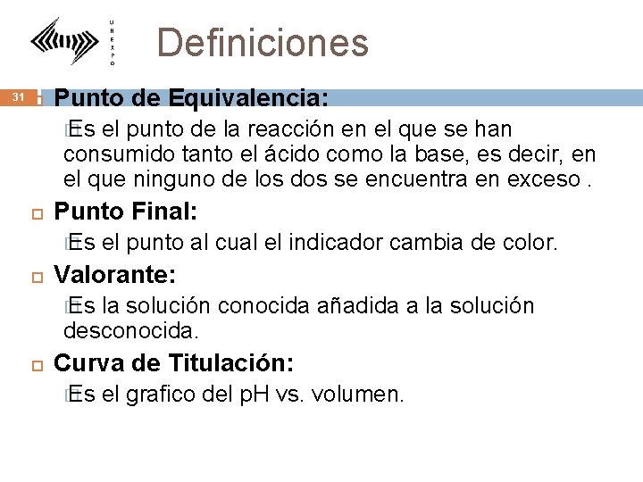 Definiciones 31 Punto de Equivalencia: � Es el punto de la reacción en el