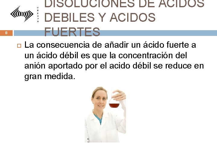 DISOLUCIONES DE ACIDOS DEBILES Y ACIDOS FUERTES 8 La consecuencia de añadir un ácido