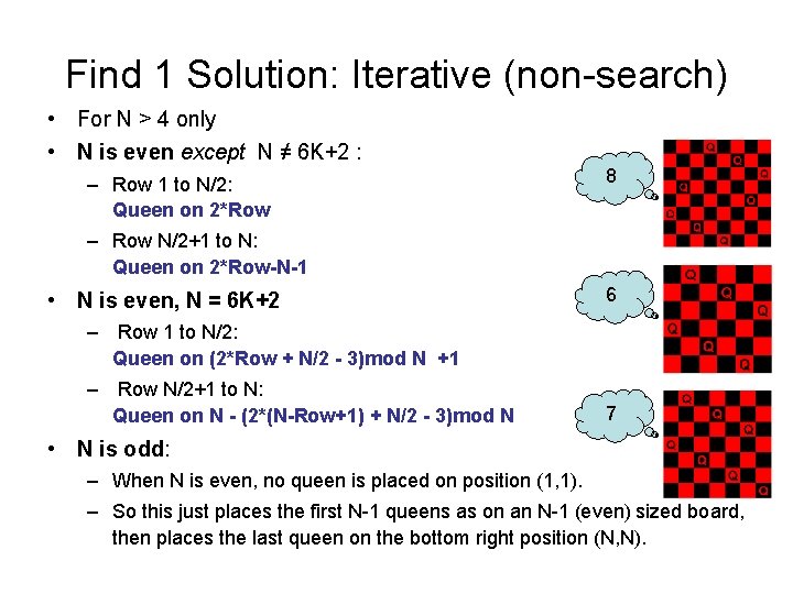 Find 1 Solution: Iterative (non-search) • For N > 4 only • N is