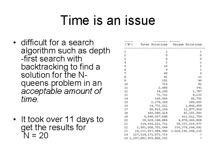 Time is an issue • difficult for a search algorithm such as depth -first