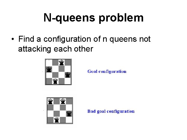 N-queens problem • Find a configuration of n queens not attacking each other 