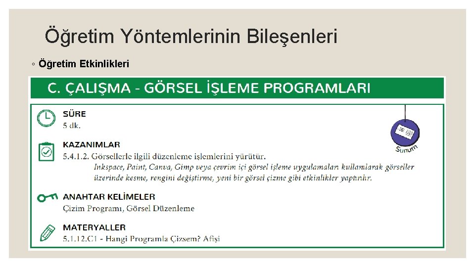 Öğretim Yöntemlerinin Bileşenleri ◦ Öğretim Etkinlikleri 